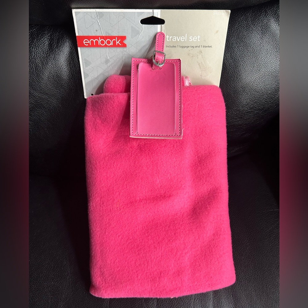 Embark Pink Flannel Travel Blanket & Pink Luggage Tag Set